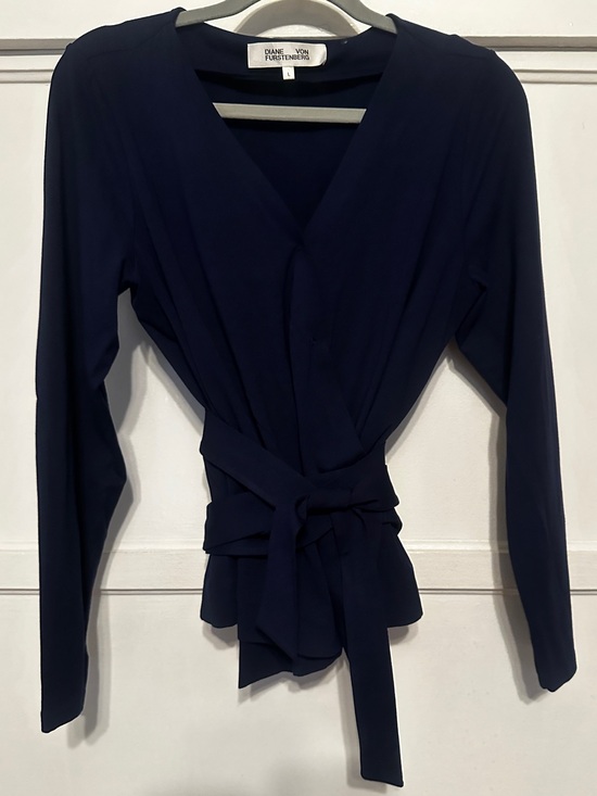 Diane Von Furstenberg Tops - Diane Von Furstenberg Navy Blue Long-Sleeve Viscose Soft Matte Jersey Wrap Top s